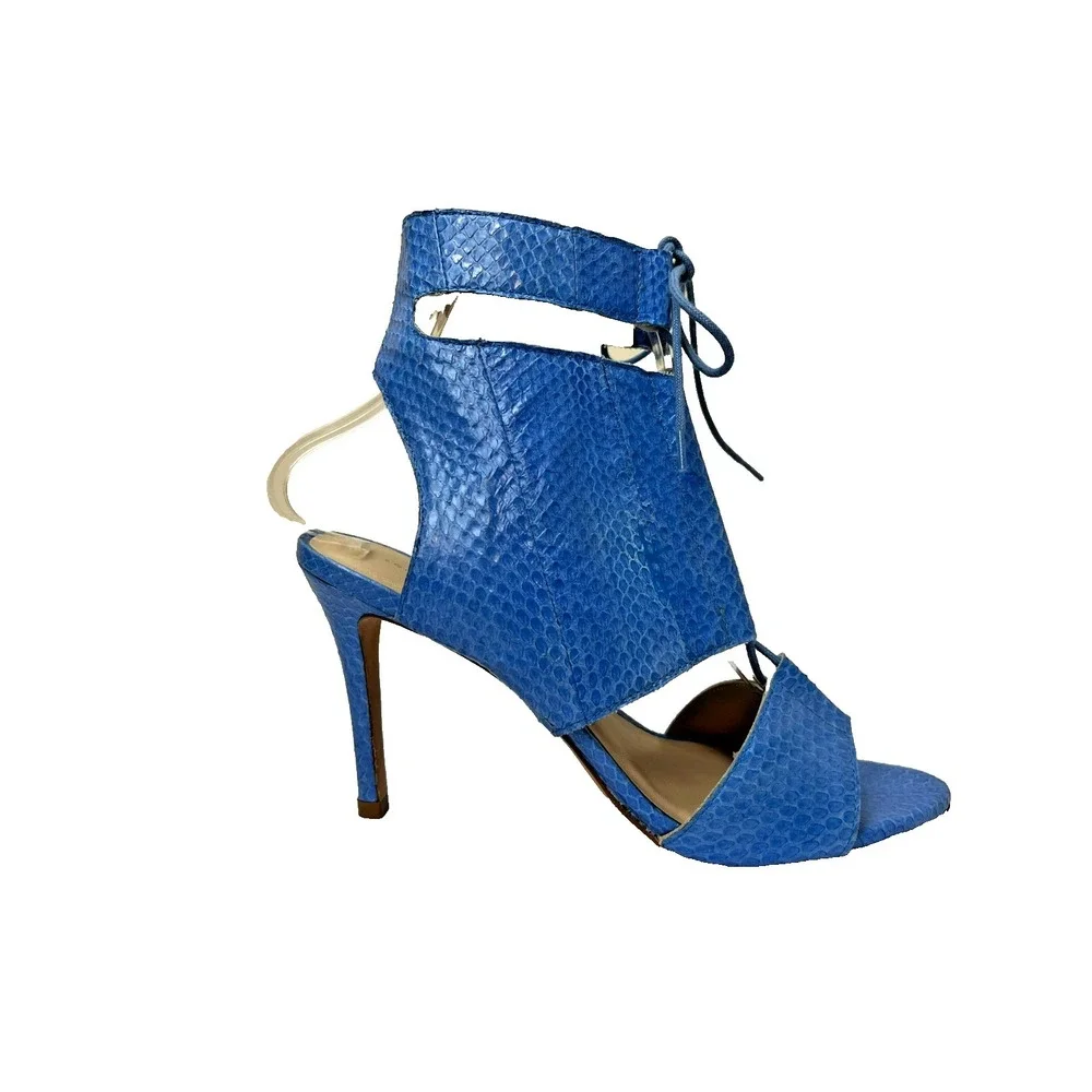 Loeffler Randall Ankle Cutout Sandals Blue‎ Reptile Lace Up Stiletto Heel SZ 8